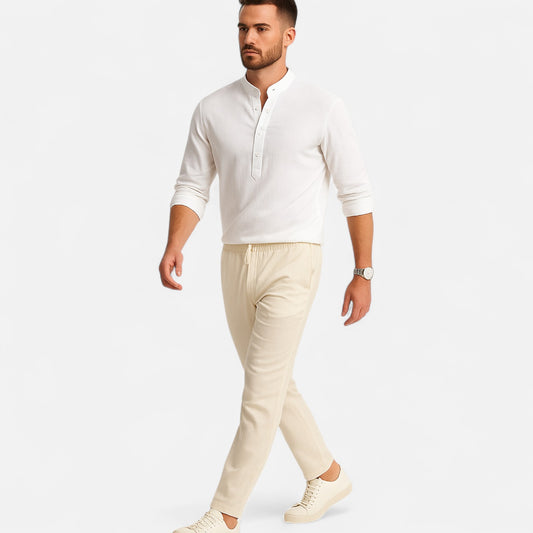 Dorevelle | Men’s Linen Henley – Heritage Collarless Style
