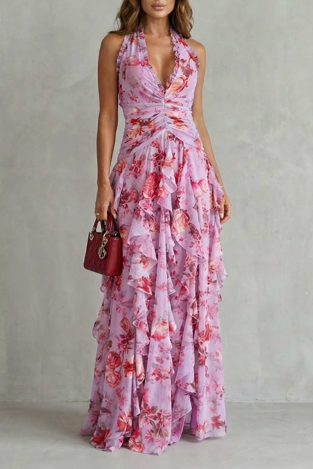 Women Pink Rose Print Halter Maxi Dress