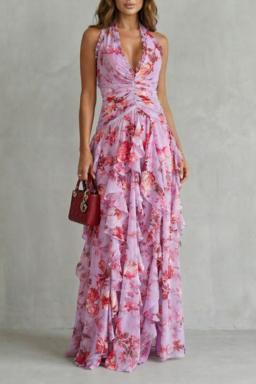 Women Pink Rose Print Halter Maxi Dress