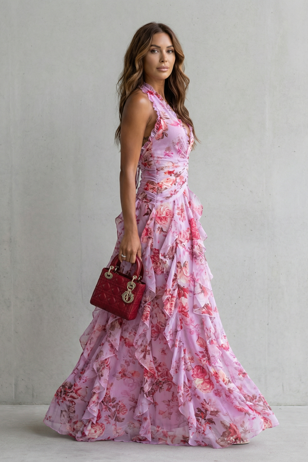 Women Pink Rose Print Halter Maxi Dress