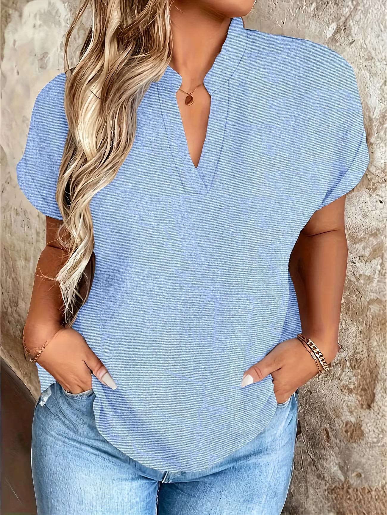 Elegant V Neck Stand Collar Women's Top Shirt