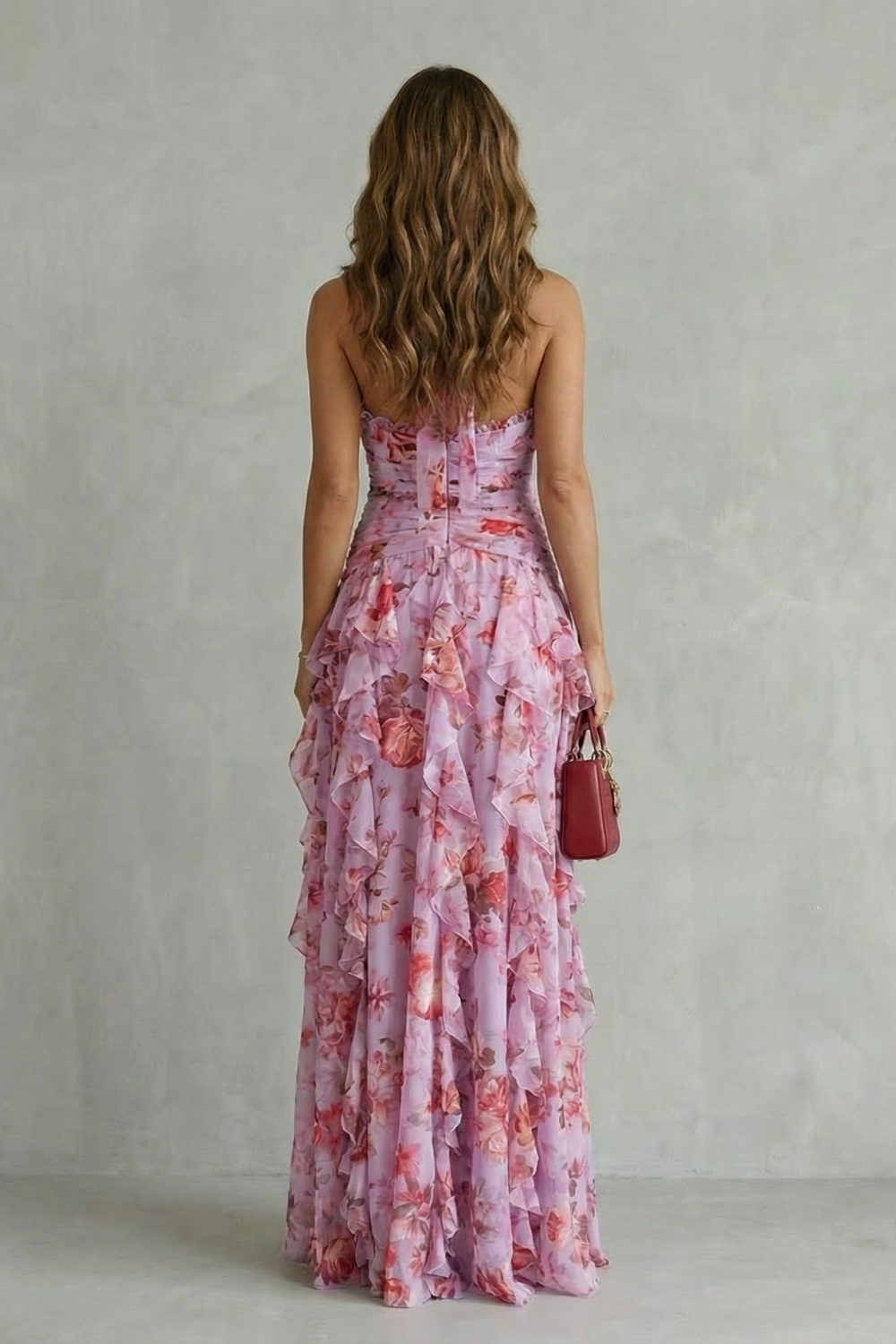 Women Pink Rose Print Halter Maxi Dress