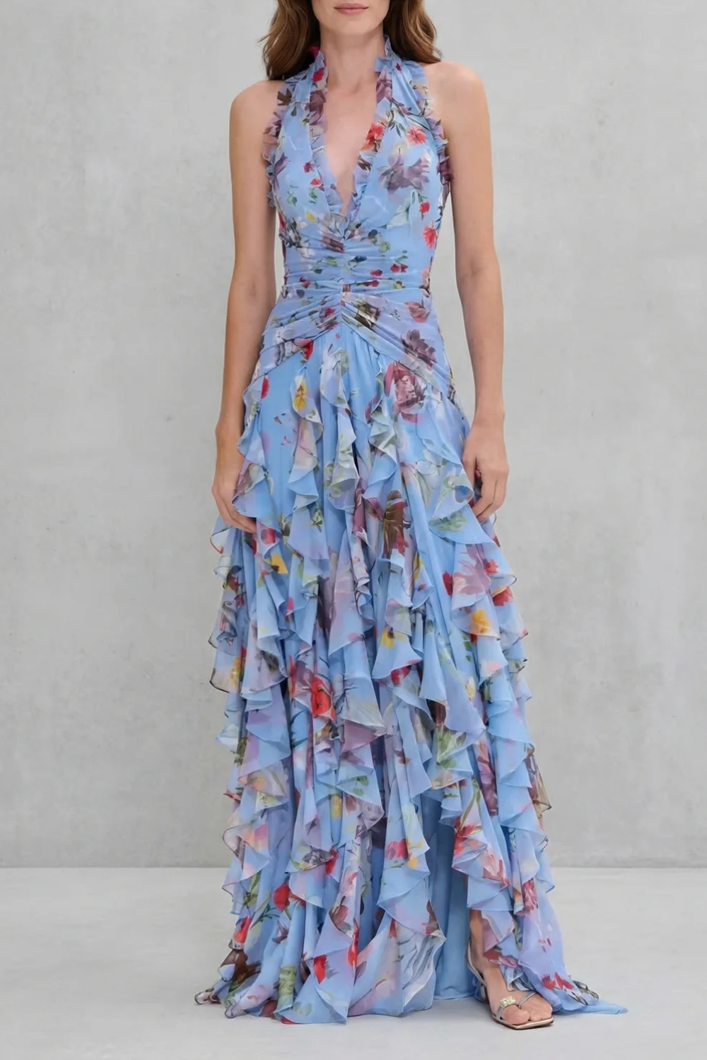 Women Pink Rose Print Halter Maxi Dress