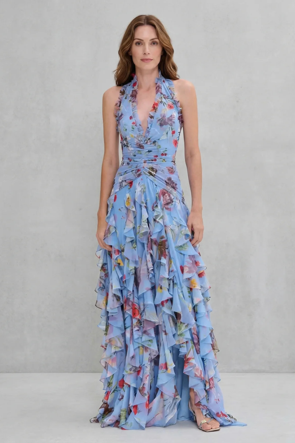 Women Pink Rose Print Halter Maxi Dress