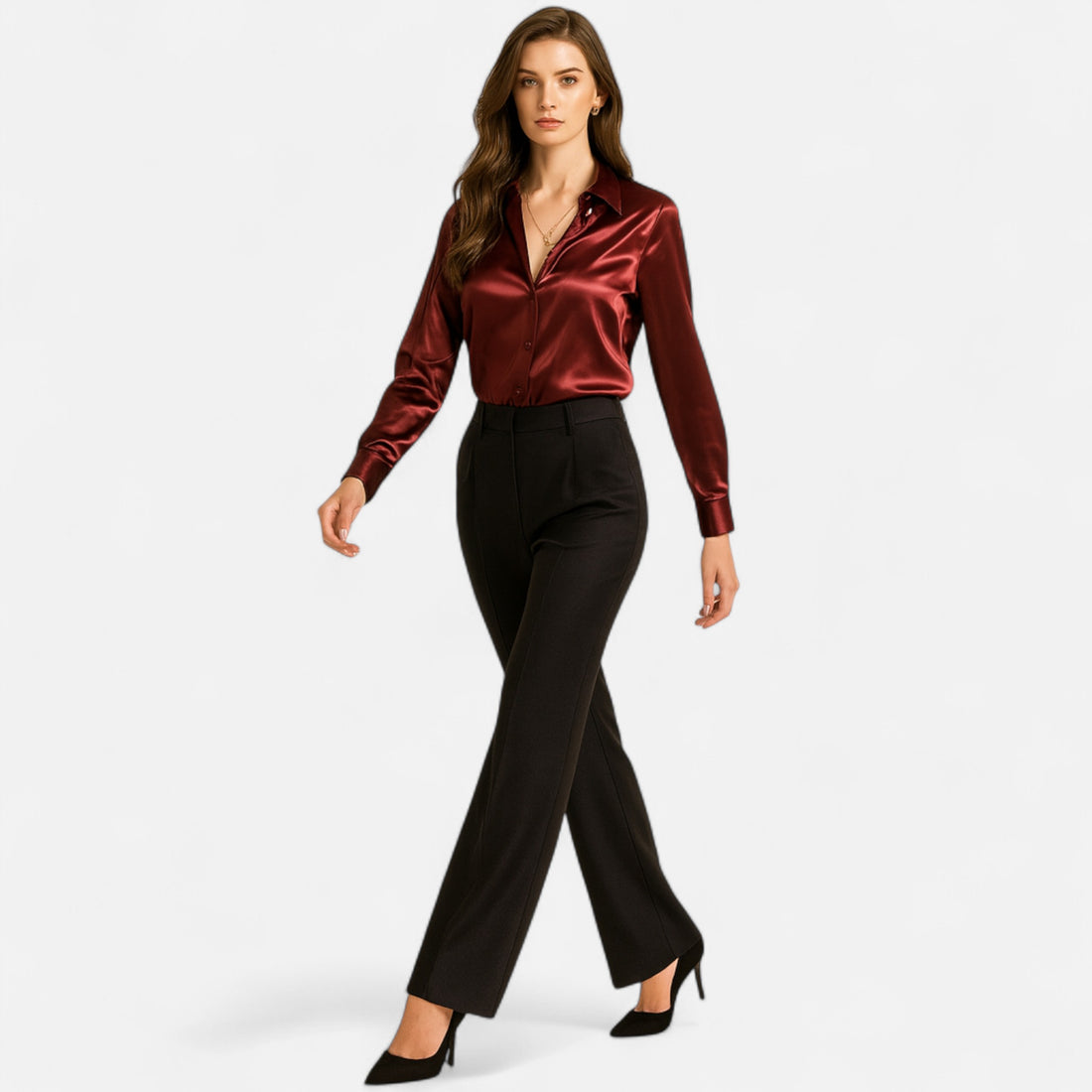 Women’s Satin Long Sleeve Blouse With Classic Collar