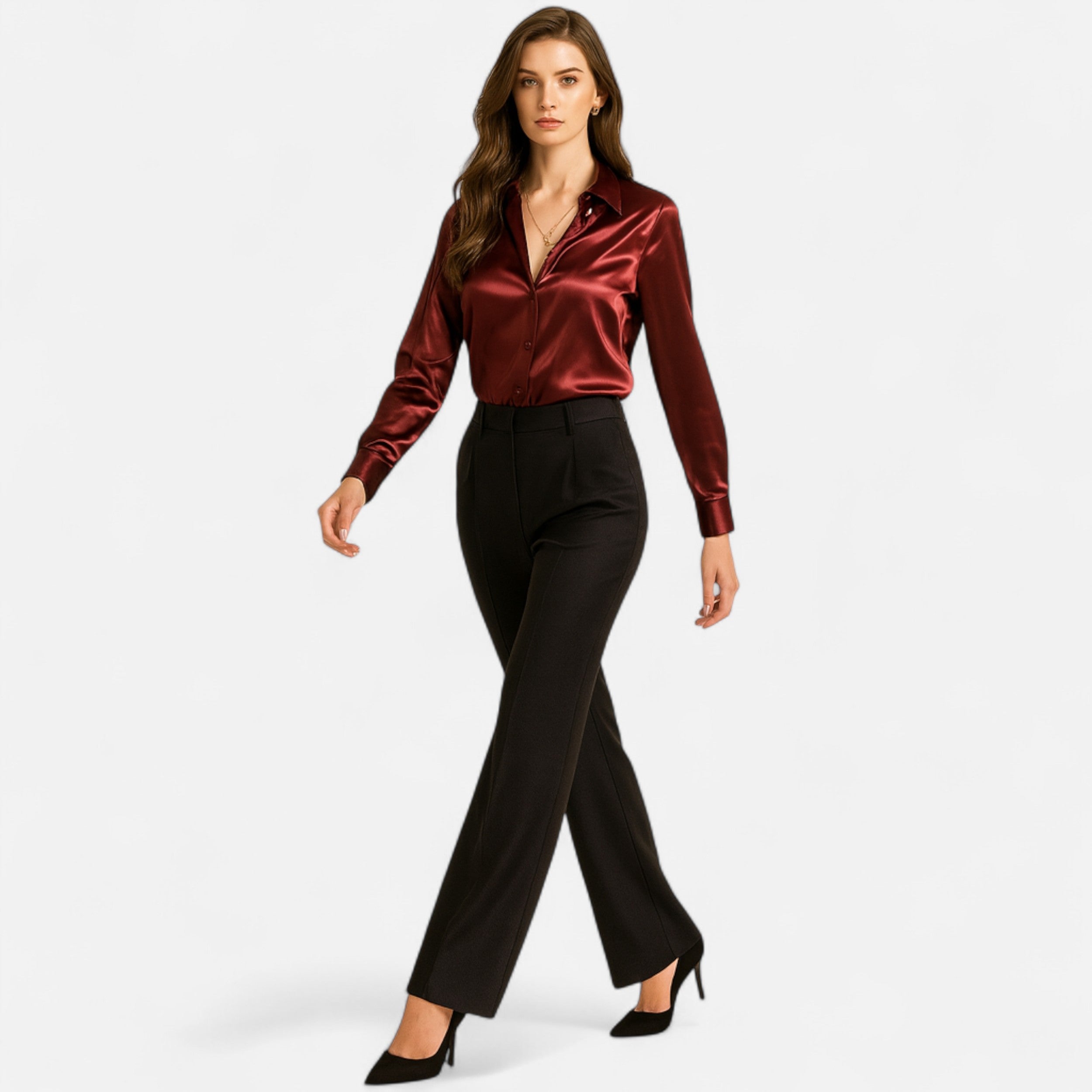 Women’s Satin Long Sleeve Blouse With Classic Collar