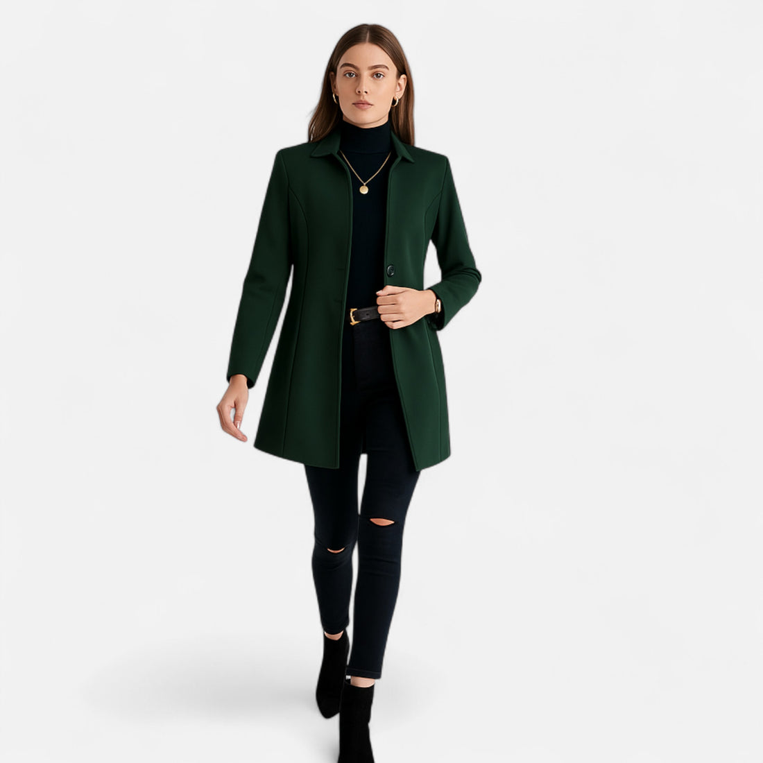 Women’s Long Trench Coat with Raglan Sleeves and Asymmetrical Hem