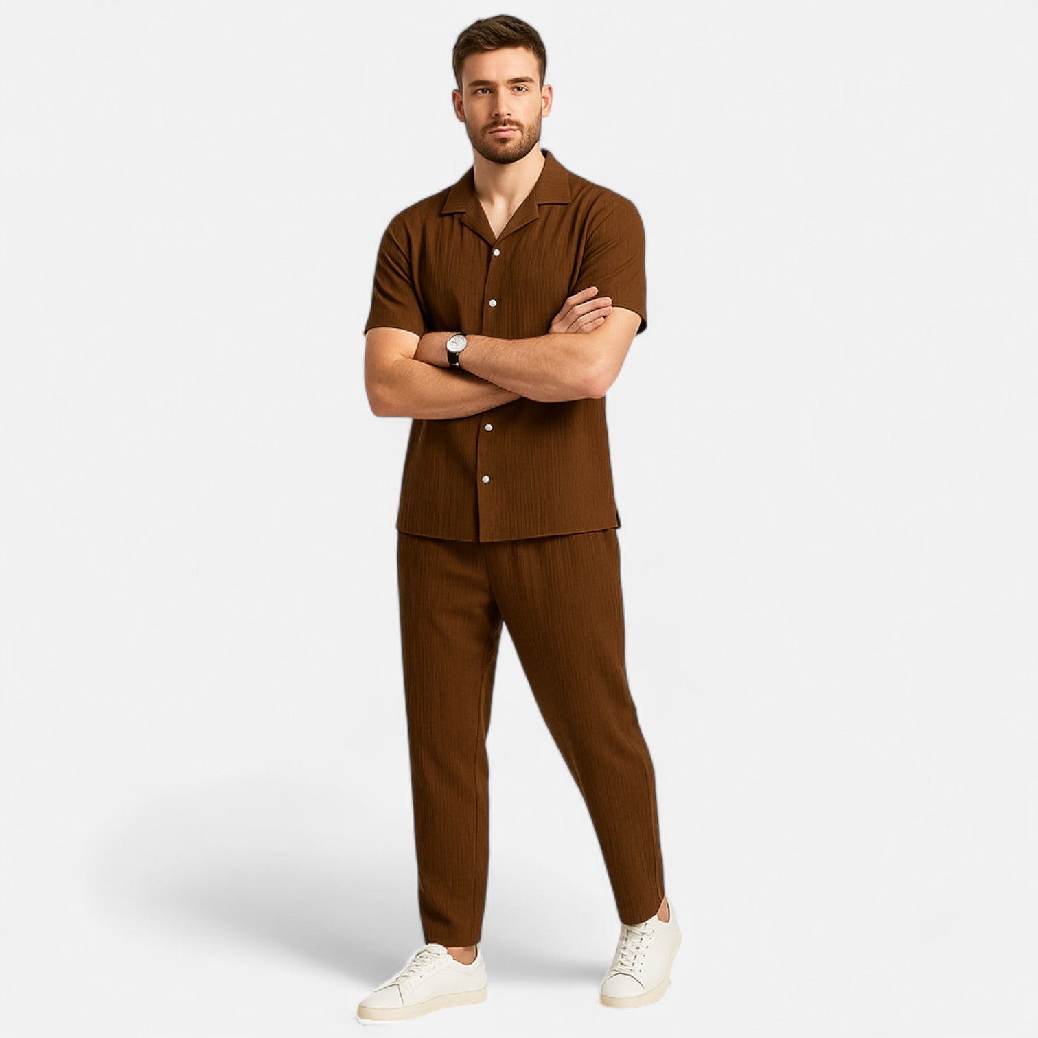 Men’s Lightweight Linen Blend Summer Shirt and Drawstring Trousers Set