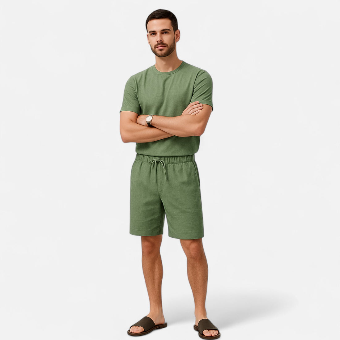 Men’s Olive Green Linen Blend Casual Drawstring Shorts