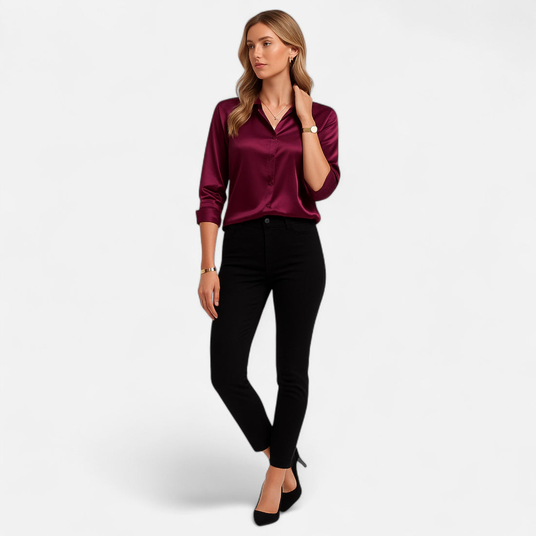 Women’s Satin Shirt with Heritage Collar in Turquoise