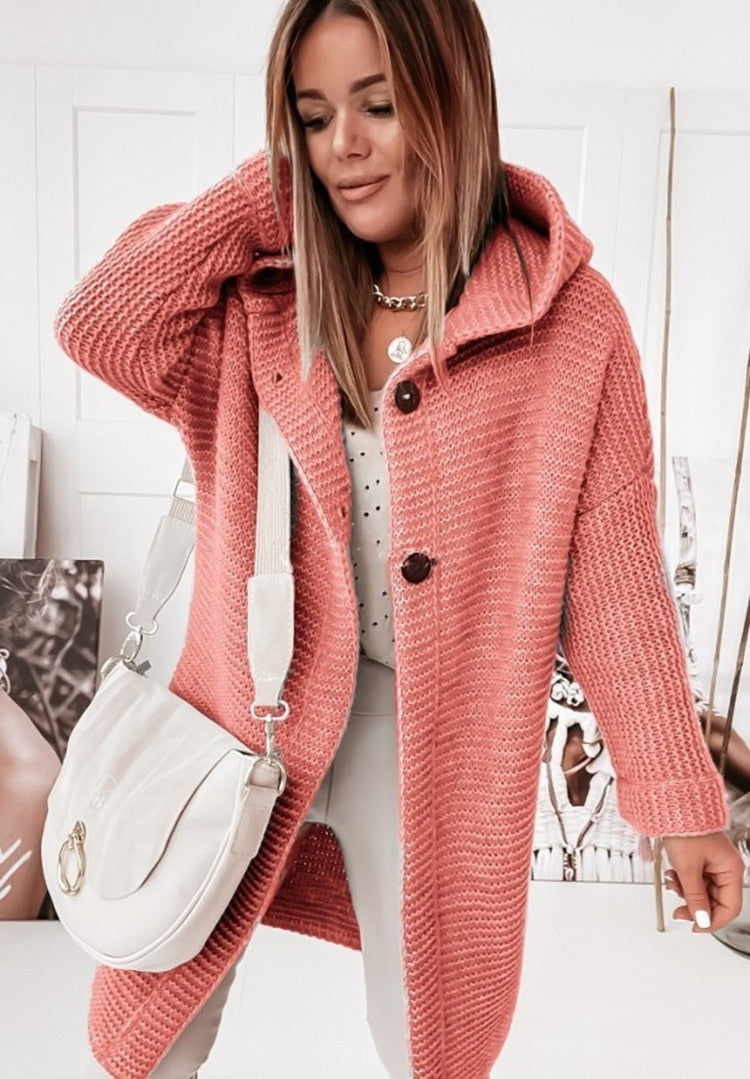 Women Hooded Long Button Knit Cardigan