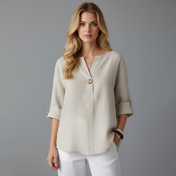 Women Beige V-Neck Button-Down Top