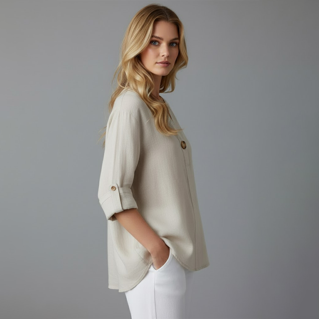 Women Beige V-Neck Button-Down Top