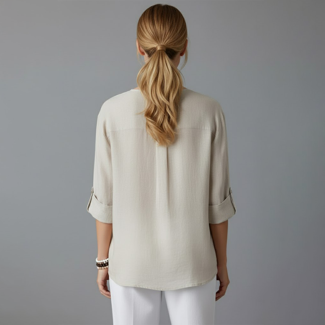 Women Beige V-Neck Button-Down Top