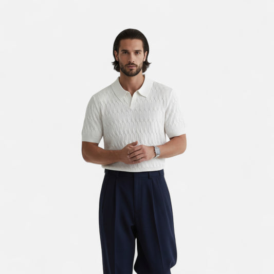 Dorevelle | Men’s Knitted Polo Shirt – Jacquard V-Neck Elegance