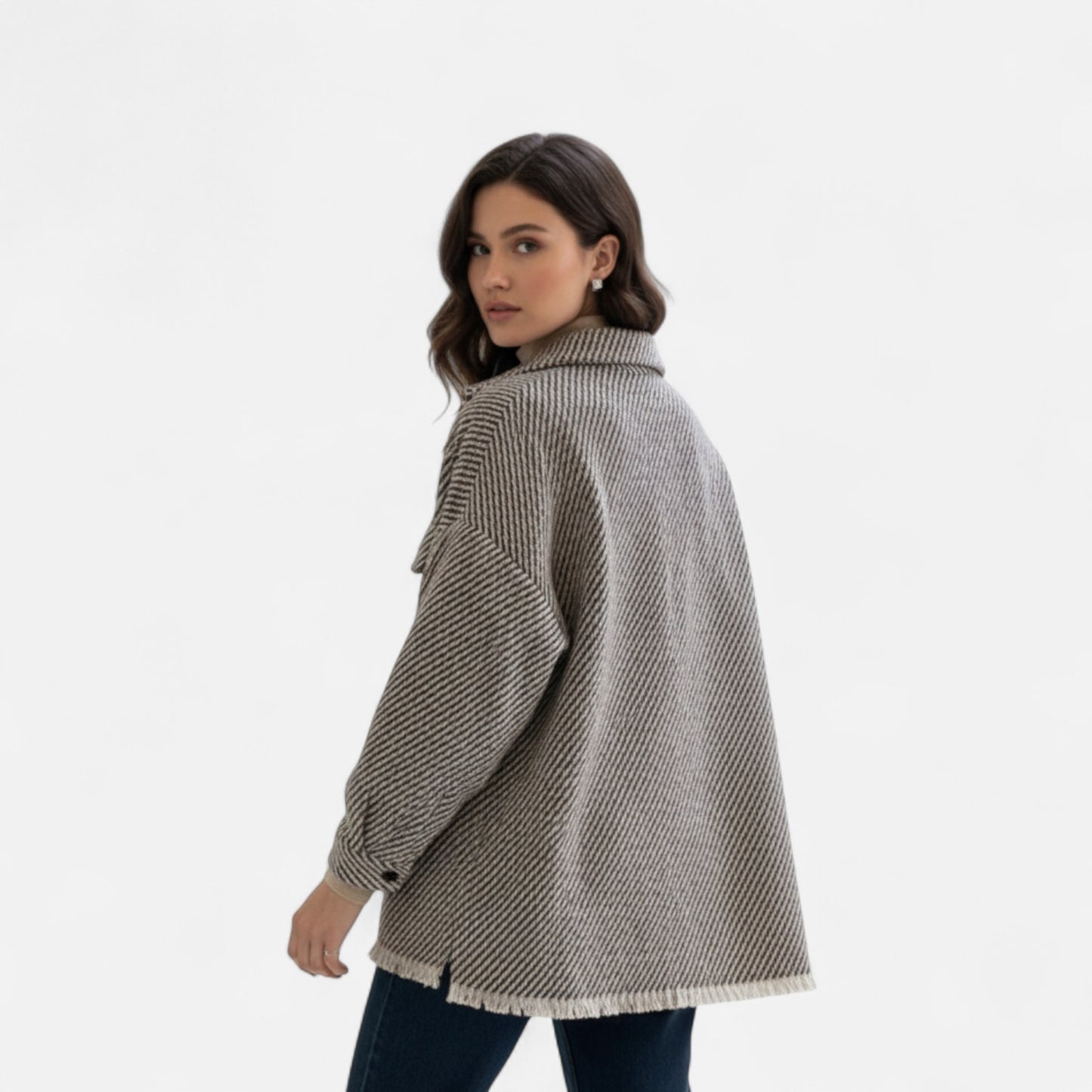Dorevelle | Women’s Woollen Jacket – Grid Polo Collar Elegance
