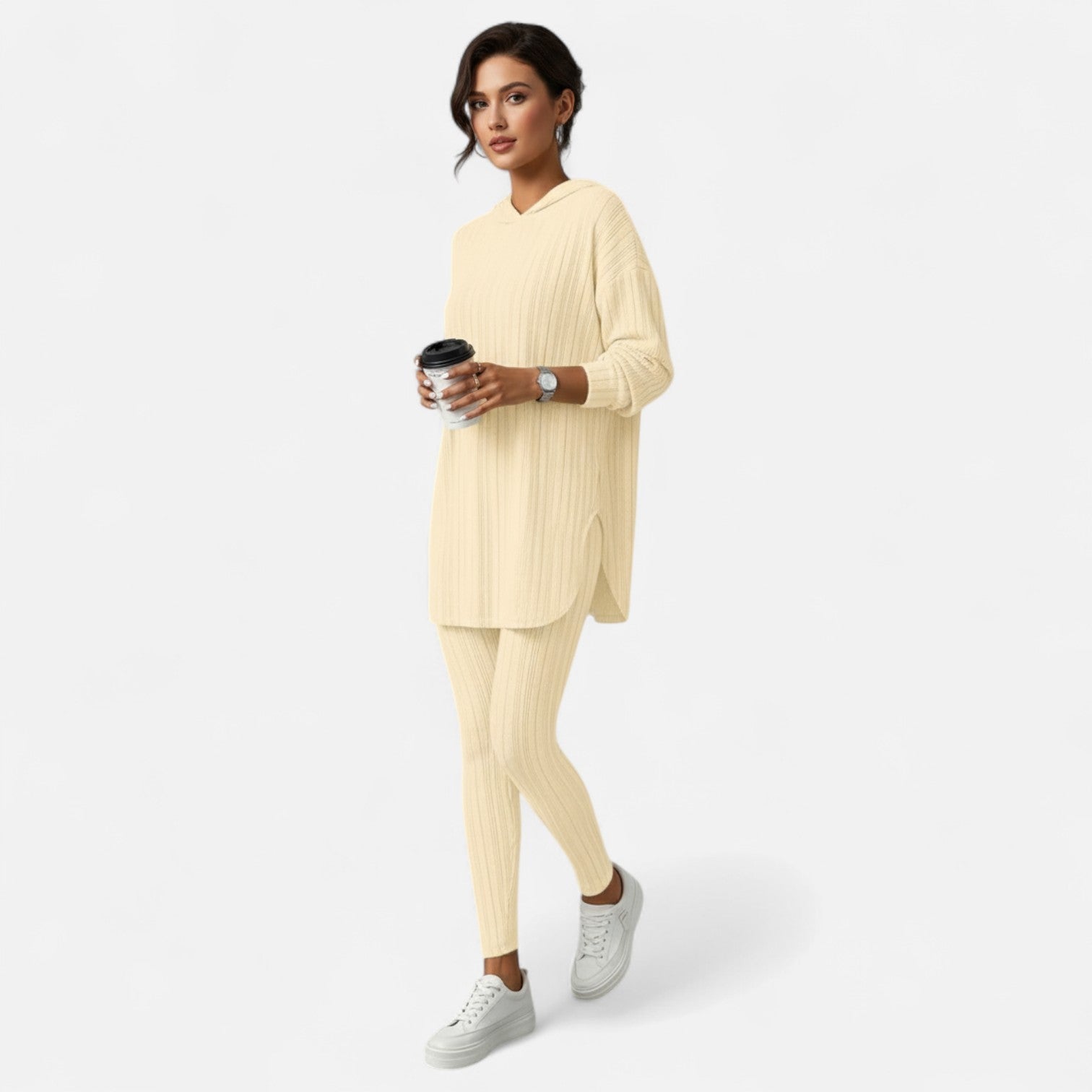 Ribbed Hooded Top and Skinny Pants Two Piece Set for Women