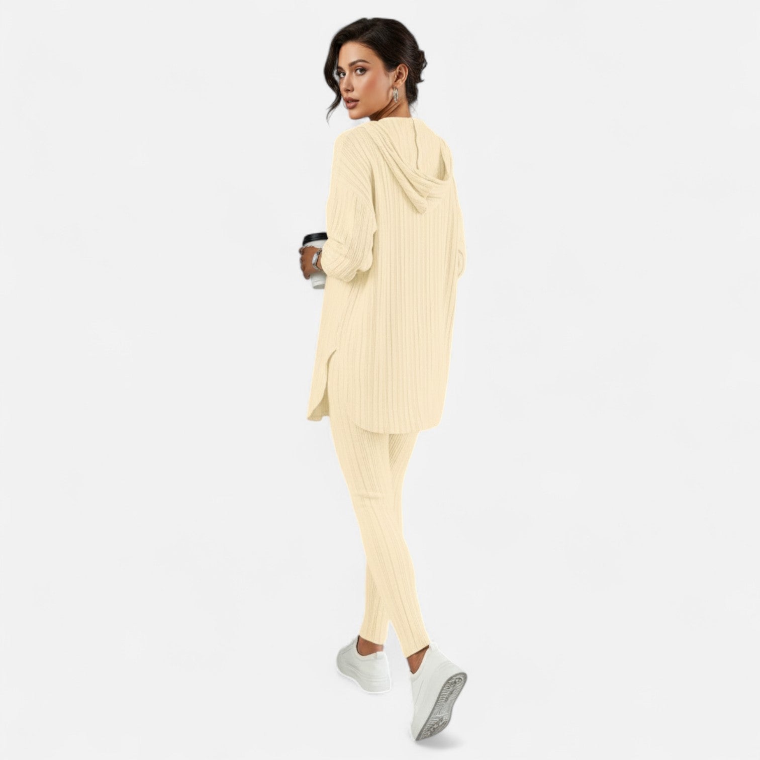 Ribbed Hooded Top and Skinny Pants Two Piece Set for Women