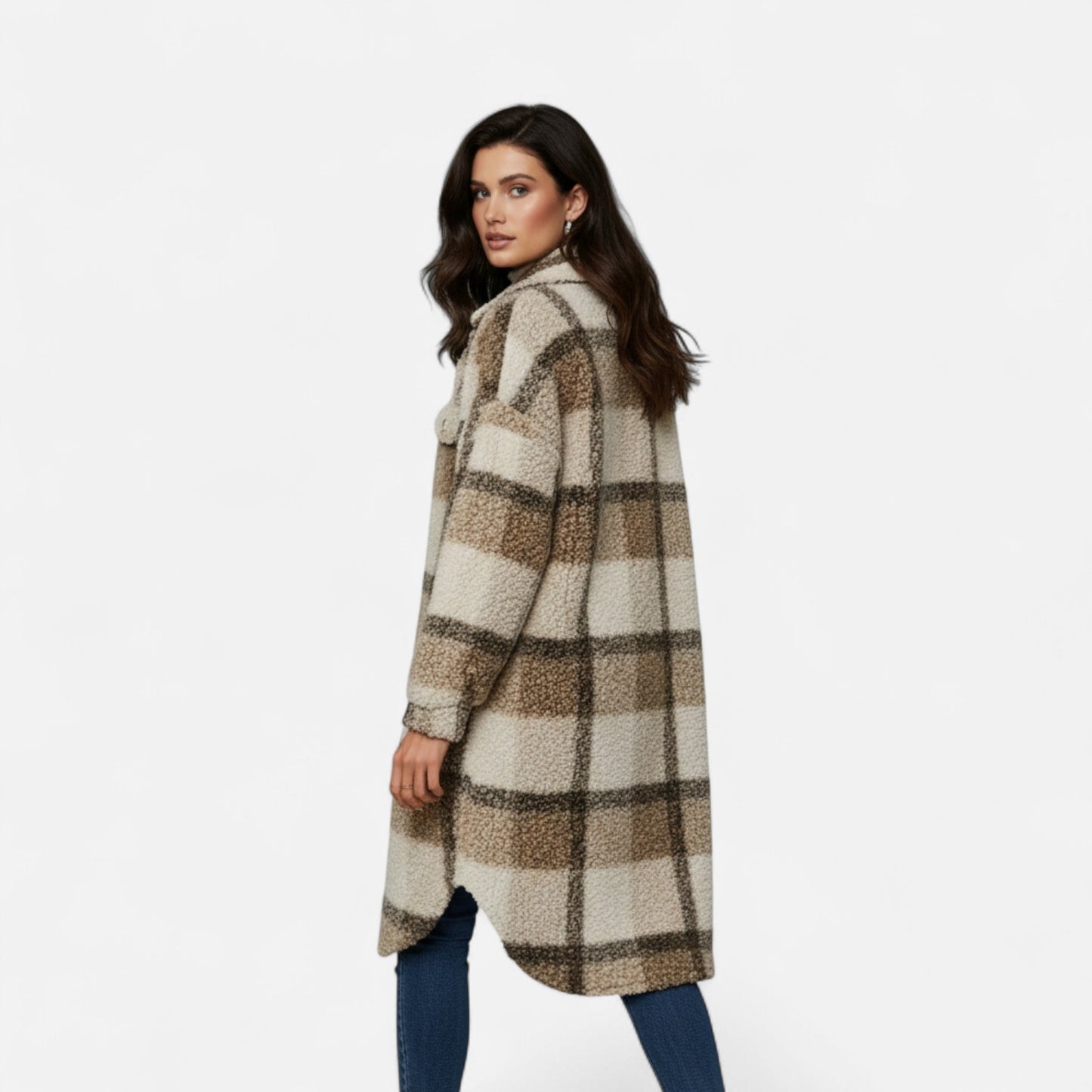 Dorevelle | Women’s Plaid Fuzzy Jacket – Button-Front Longline