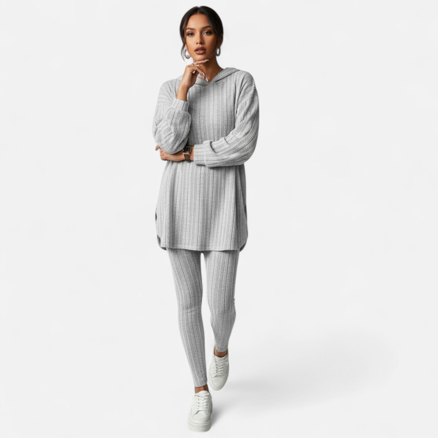 Ribbed Hooded Top and Skinny Pants Two Piece Set for Women