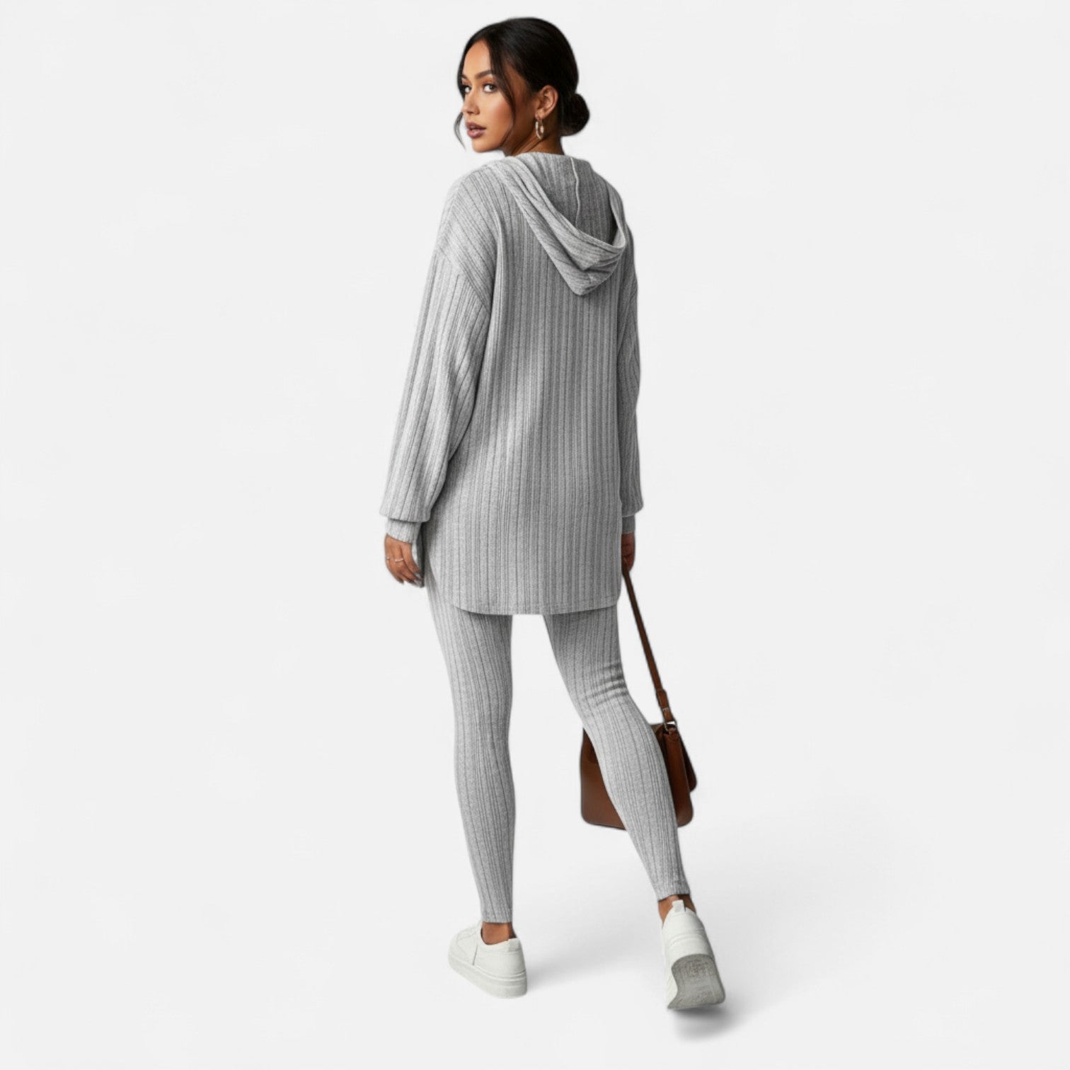 Ribbed Hooded Top and Skinny Pants Two Piece Set for Women