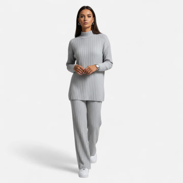 Women’s Ribbed Mock Neck Top and Wide Leg Trousers Set