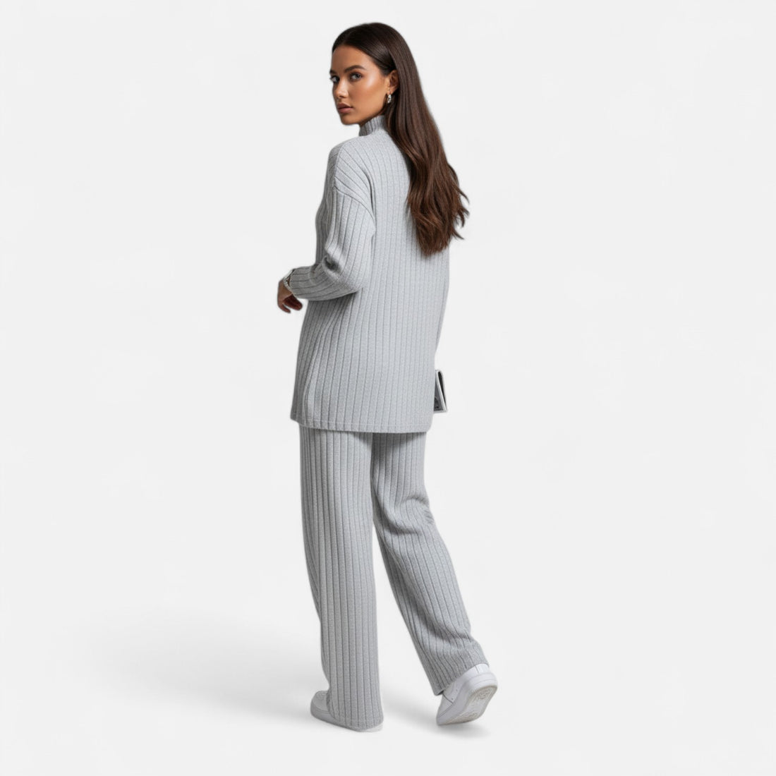 Women’s Ribbed Mock Neck Top and Wide Leg Trousers Set