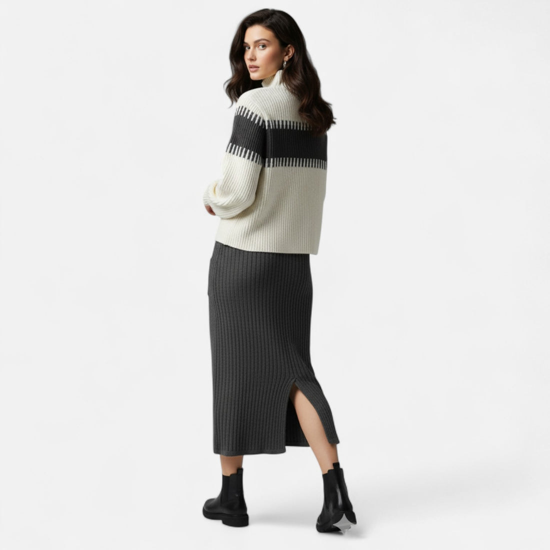 High Neck Knit Pullover and Split Midi Skirt Set