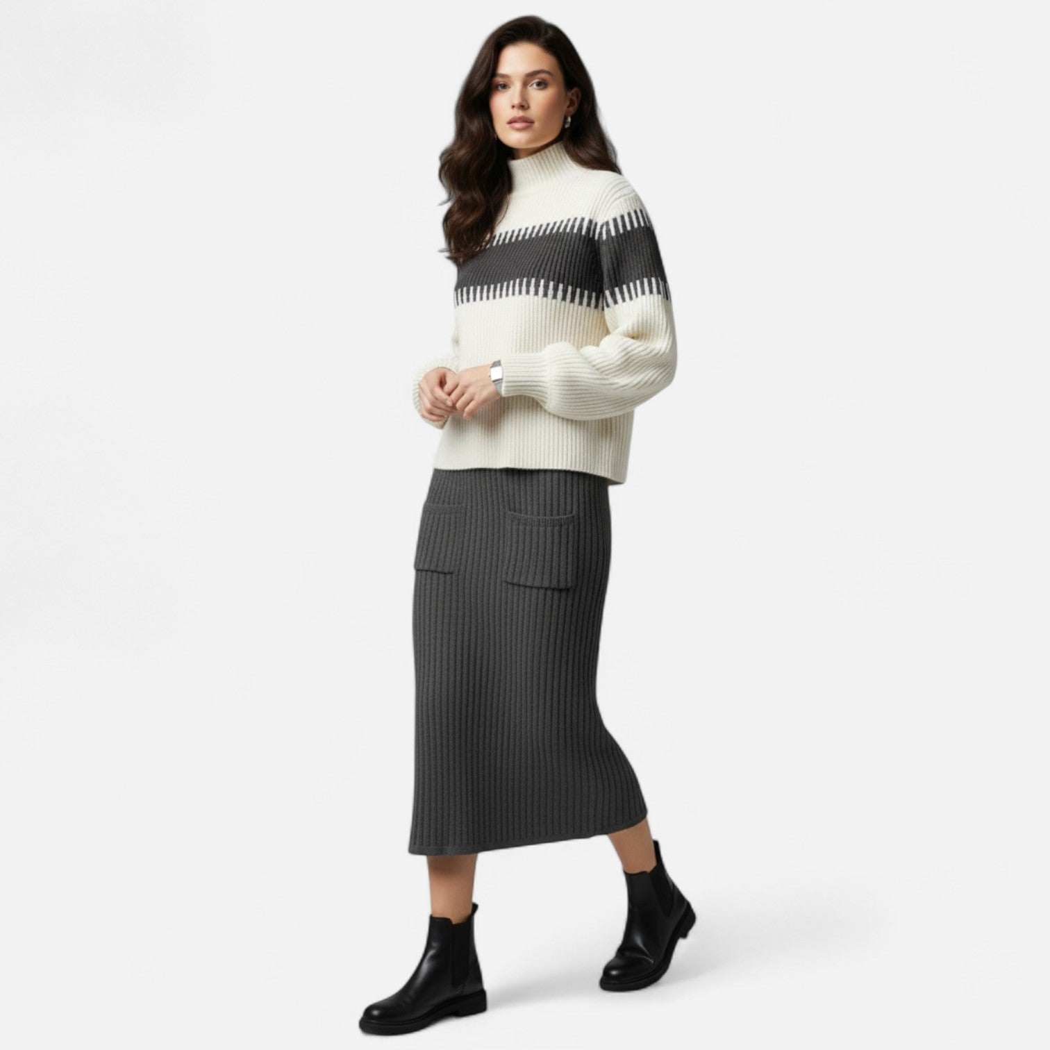 High Neck Knit Pullover and Split Midi Skirt Set
