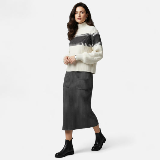 Dorevelle | Women’s Knit Set – High-Neck Pullover & Midi Skirt