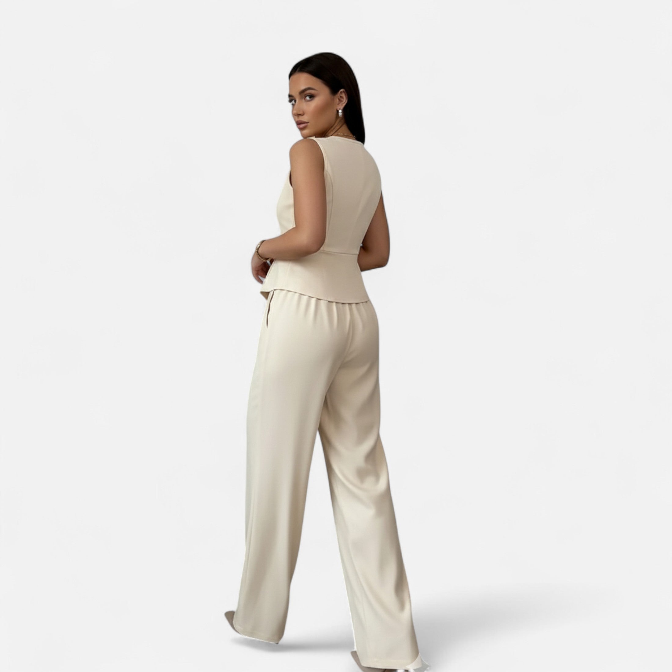 Sleeveless Button Up Blouse and Wide Leg Trousers Set for Women