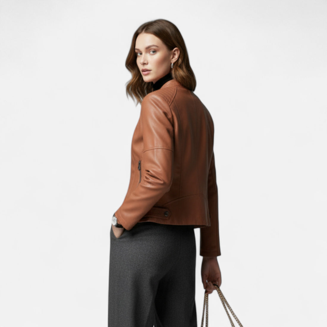 Women’s Stand Collar Leather Jacket Heritage Chic Style