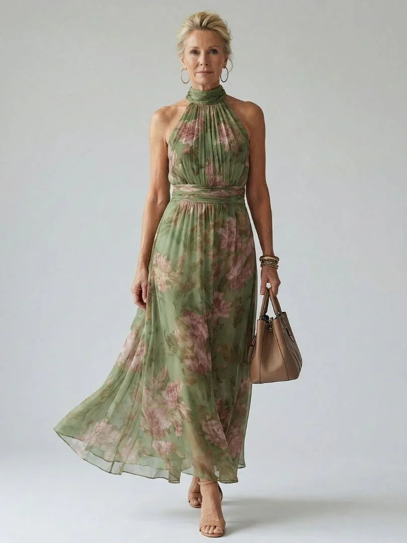 Women Sage Green Floral Halter Midi Dress