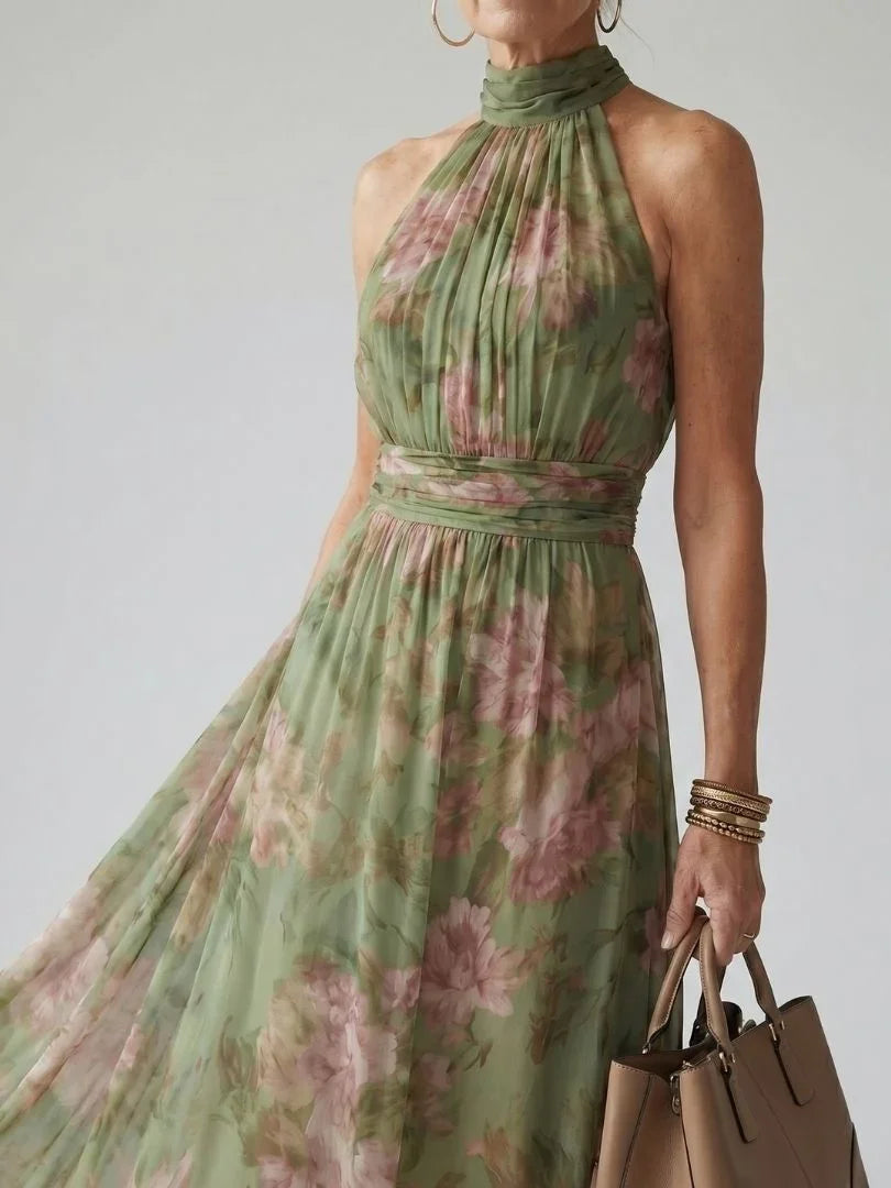 Women Sage Green Floral Halter Midi Dress