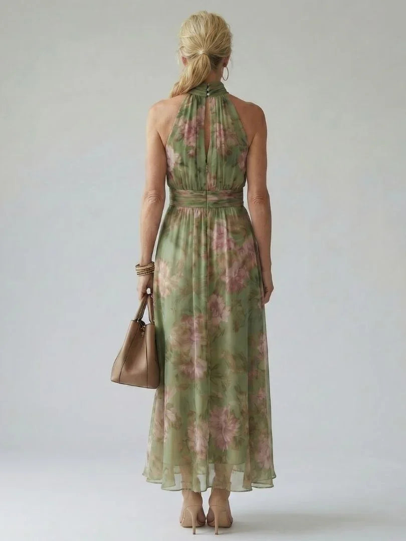 Women Sage Green Floral Halter Midi Dress