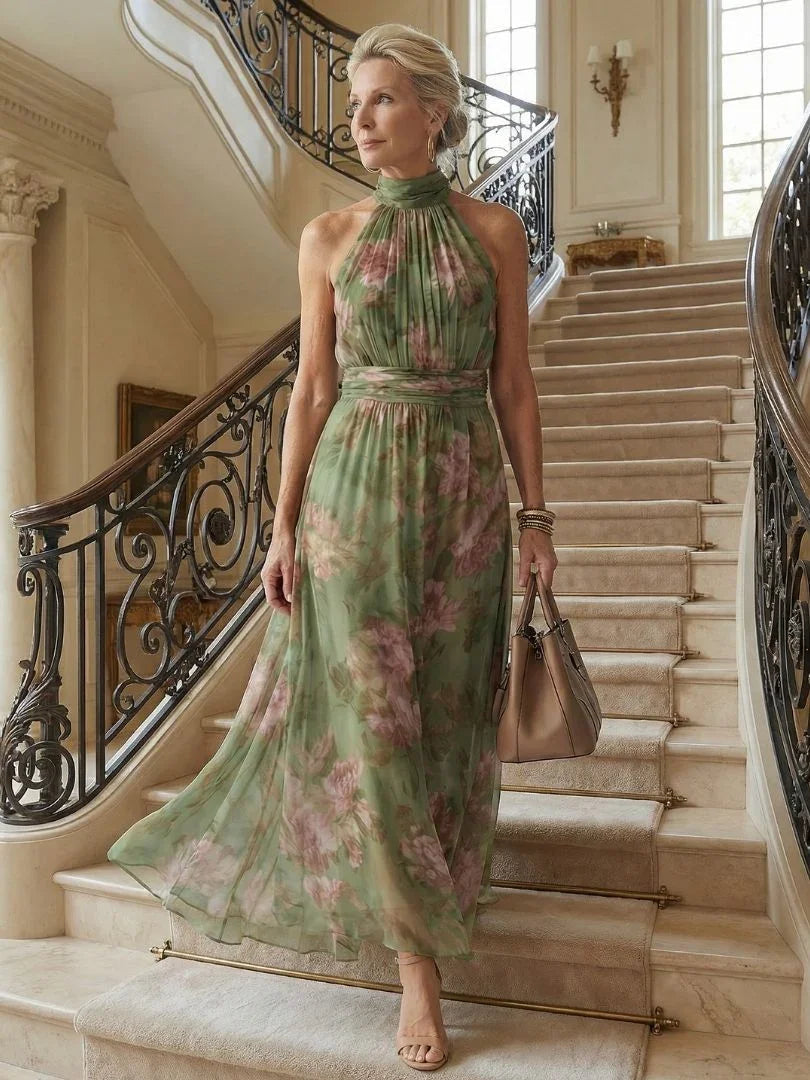 Women Sage Green Floral Halter Midi Dress