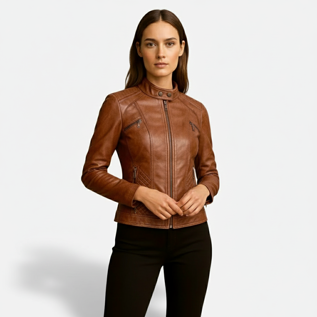 Dorevelle | Women’s Slim-Fit Zip-Up Leather Moto Jacket