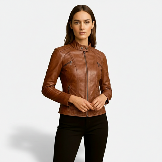 Dorevelle | Women’s Slim-Fit Zip-Up Leather Moto Jacket