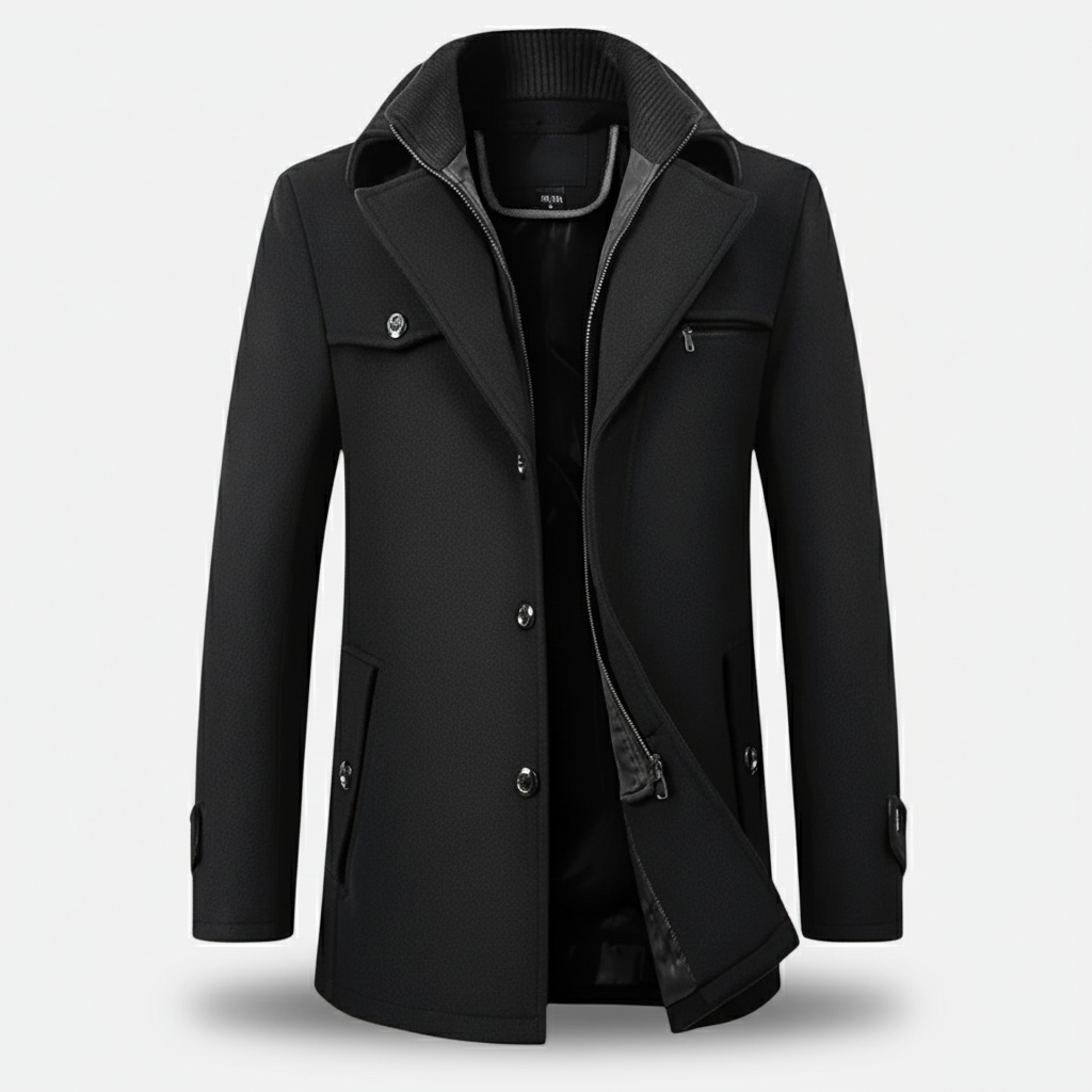 Dorevelle | Men’s Wool Blend Trench Coat with Double Stand Collar Zipped