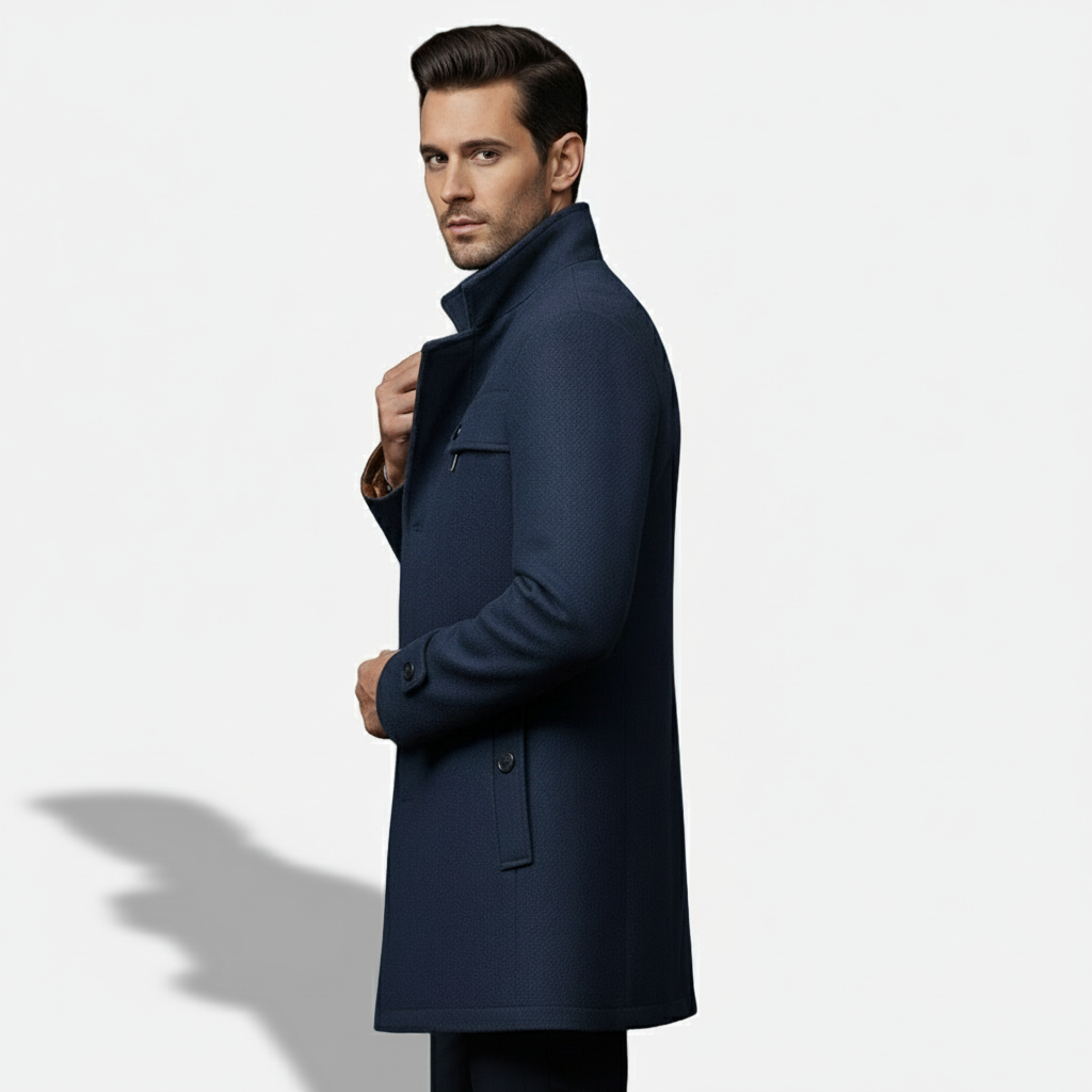 Dorevelle | Men’s Wool Blend Trench Coat with Double Stand Collar Zipped