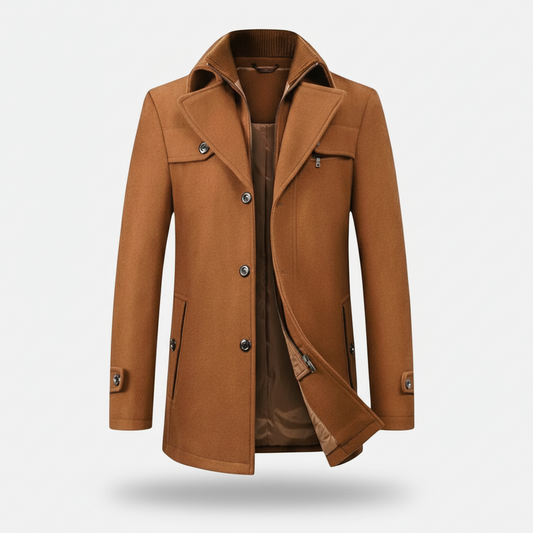 Dorevelle | Men’s Wool Blend Trench Coat with Double Stand Collar Zipped