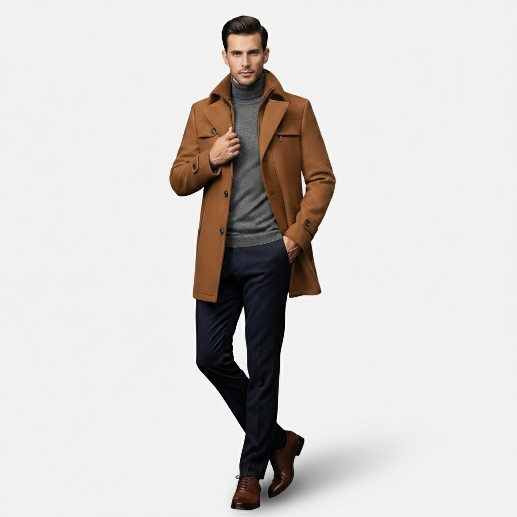 Dorevelle | Men’s Wool Blend Trench Coat with Double Stand Collar Zipped
