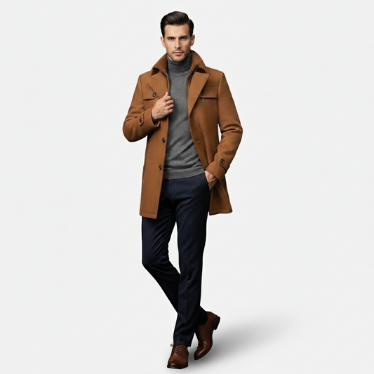 Dorevelle | Men’s Wool Blend Trench Coat with Double Stand Collar Zipped