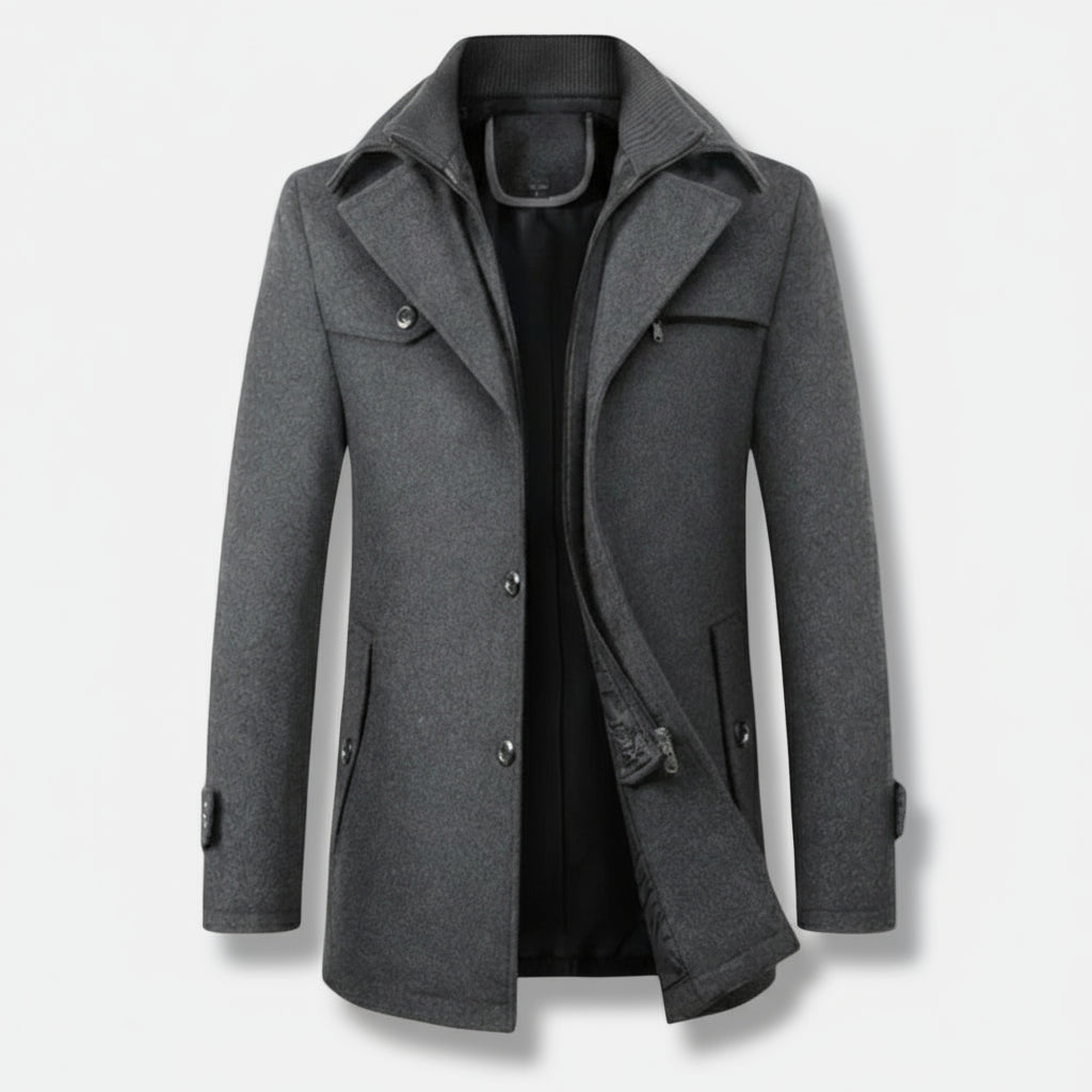Dorevelle | Men’s Wool Blend Trench Coat with Double Stand Collar Zipped