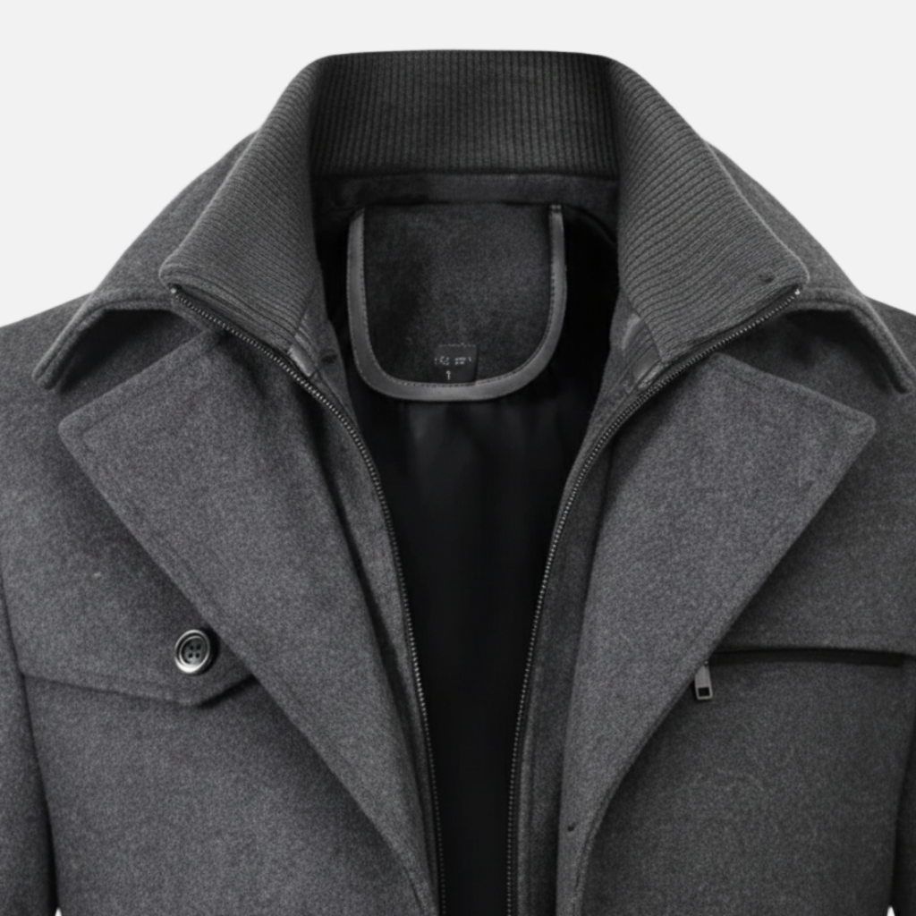 Dorevelle | Men’s Wool Blend Trench Coat with Double Stand Collar Zipped