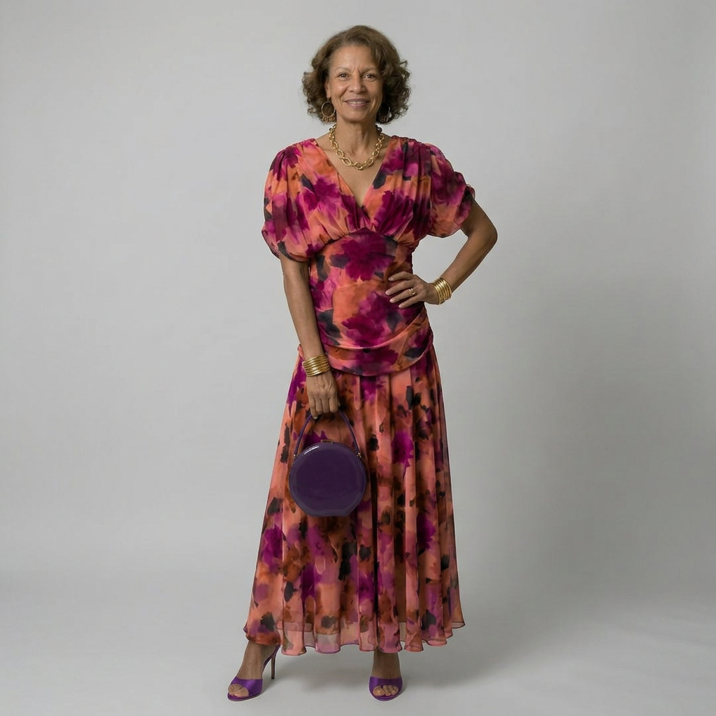 Women Pink Purple Floral Print V Neck Maxi Dress
