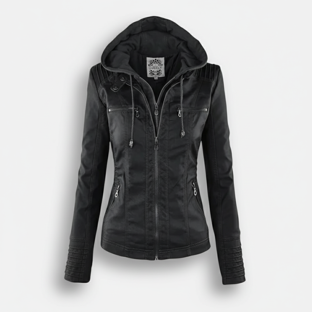 Dorevelle | Women's Slim-Fit PU Leather Moto Jacket with Detachable Hoodie
