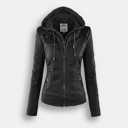 Dorevelle | Women's Slim-Fit PU Leather Moto Jacket with Detachable Hoodie