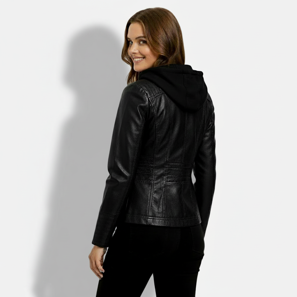 Dorevelle | Women's Slim-Fit PU Leather Moto Jacket with Detachable Hoodie