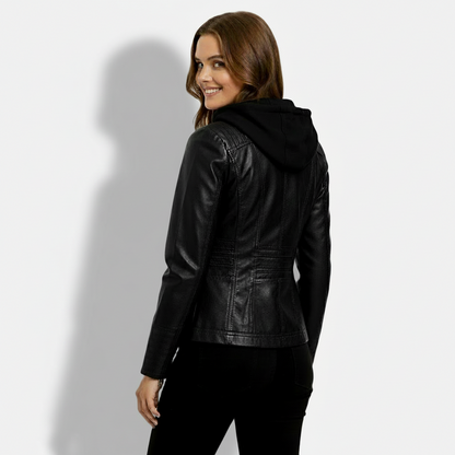 Dorevelle | Women's Slim-Fit PU Leather Moto Jacket with Detachable Hoodie